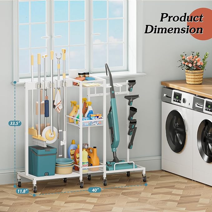Broom Holder with Cleaning Supplies Organizer, Broom Closet Storage Cabinet with Cleaning Caddy Vacuum Stand, Cleaning Cart with Mop Hanger Gripper Rack Hook, Laundry Room Organization Home Essentials