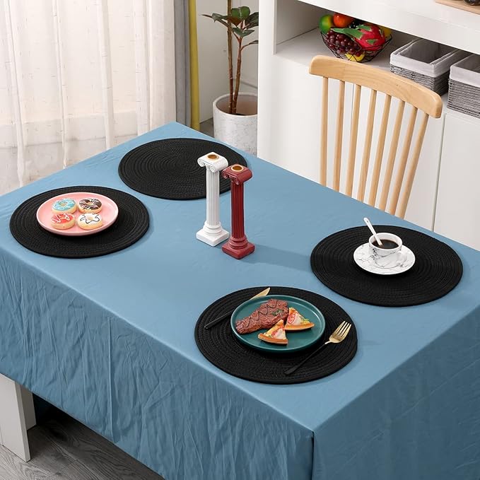 4 Pack Round Woven Placemats,13.8 inch Plate Chargers Black Thick Place Mats Cotton Rope Braided Tablemats Rattan Tablemats Black Weave Placemats for Dining Table