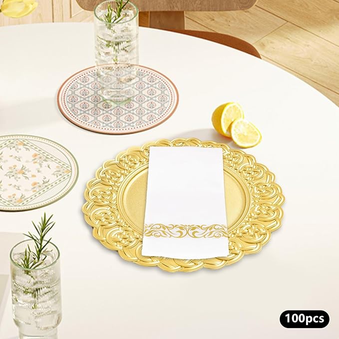 100 Pcs Antique Charger Plates Bulk, 13in Reusable Serving Plates Embossed Rim Plastic Party Dinner Plate Chargers Round Decorative Server Plate for Wedding Party Event Tableware
