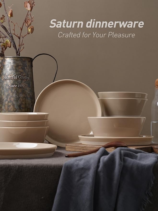 Famiware Saturn 16 Pieces Plates and Double Bowls Sets for 4, Stoneware Dinnerware Set with Pasta Bowl, Dish Set with Trim - Chip & Scratch Resistant, Microwave & Dishwasher Safe, Cinnamon Brown