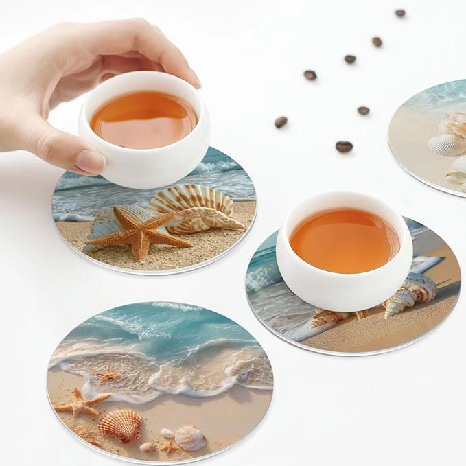 Beach Coasters for Drinks with Holder Round Leather Coasters Set of 6 Cups Mugs Mat Pad for Home Kitchen Bar