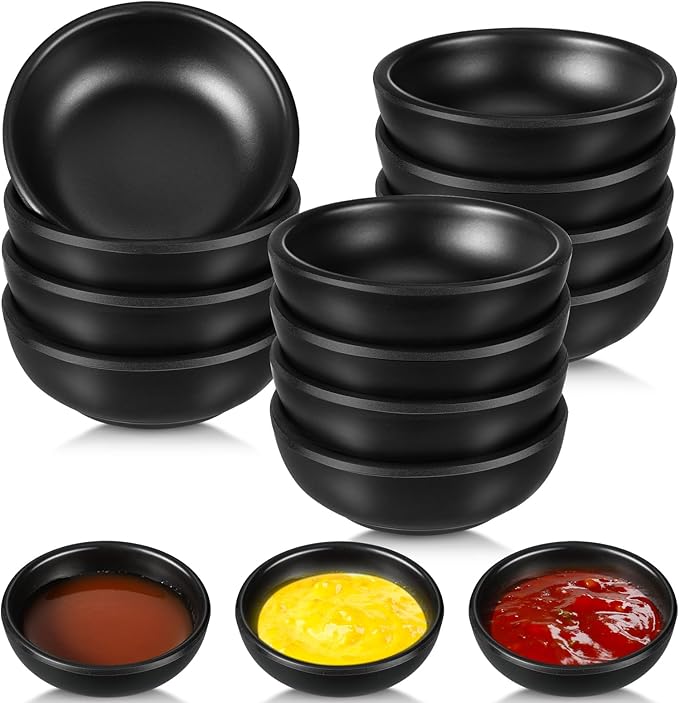 12 Pcs Dip Bowls Set 1.7oz Sauce Soy Dishes Bowls Small for Dipping Tomato Sauce, Soy, BBQ and Other Party Supplies(Black)