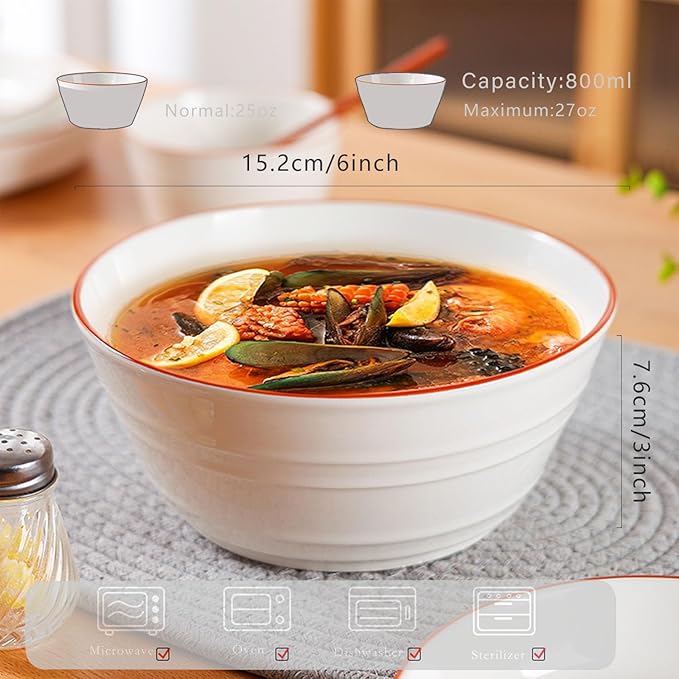 Ceramic Bowls Set of 6, 27oz Deep Soup Bowls for Kitchen Large 6 Inch Bowl for Oatmeal, Cereal,Pasta, Fruit, Salad, Ramen, and Rice Dishwasher & Microwave Safe