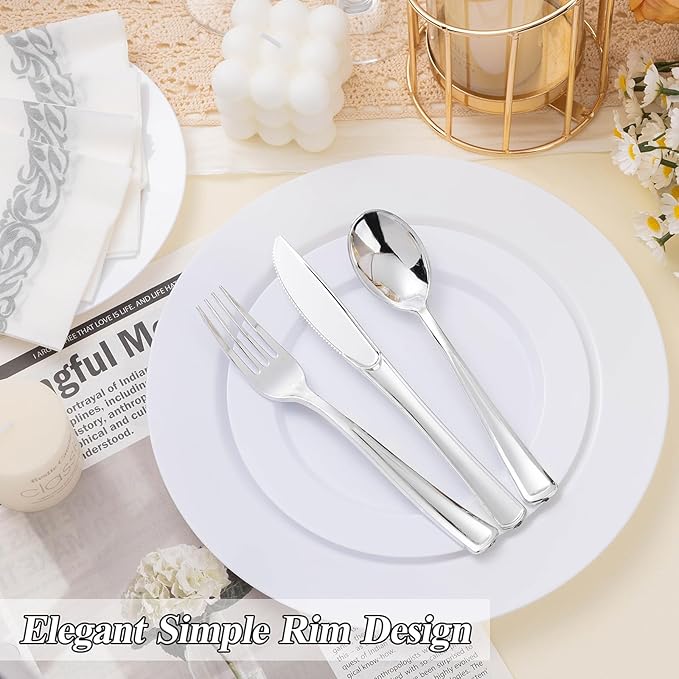 BESTSTAR 100PCS White Plastic Plates Set, 50 10.25 inch Dinner Plate and 50 7.5 inch Dessert Plates, Premium Disposable Plates for Party, Wedding