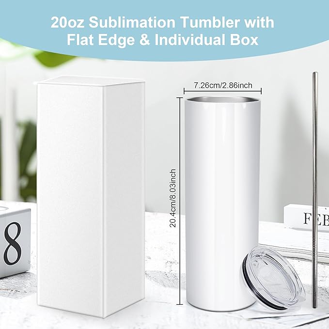 50 Pack Sublimation Tumblers Blank 20 oz Straight Skinny Tumbler with Metal Straws Rubber Bottom Individually Boxed Sublimation Cups Wholesale Blank White for Heat Transfer