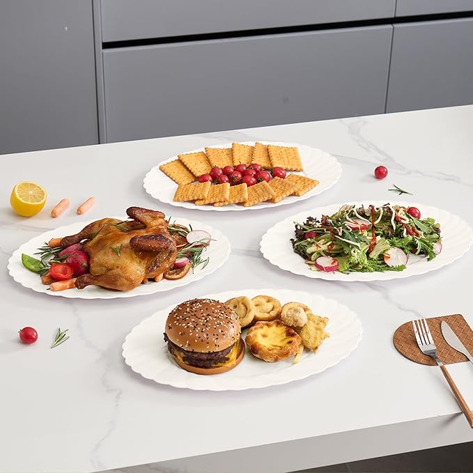 U-QE 25 Count Ivory Christmas Plastic Plates - 15.6 inch Oval Plates Disposable Plates Heavy Duty For Big Eaters, Ivory Disposable Platters Ideal for Christmas, Party, Picnic and Weddings