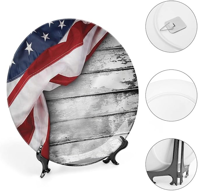 Ceramic Display Plate, American Flag Ceramic Hanging Decorative Plate, Flag on Wood Planks, 7 Inch, Living Room Kitchen Decoration Household, Multicolor