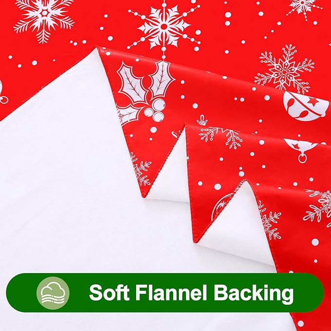 Smiry Christmas Rectangle Table Cloth, Waterproof Vinyl Tablecloth with Flannel Backing, Wipeable Bell & Snowflake Plastic Tablecloths for Christmas Table Decorations, (60"x120", White & Red)