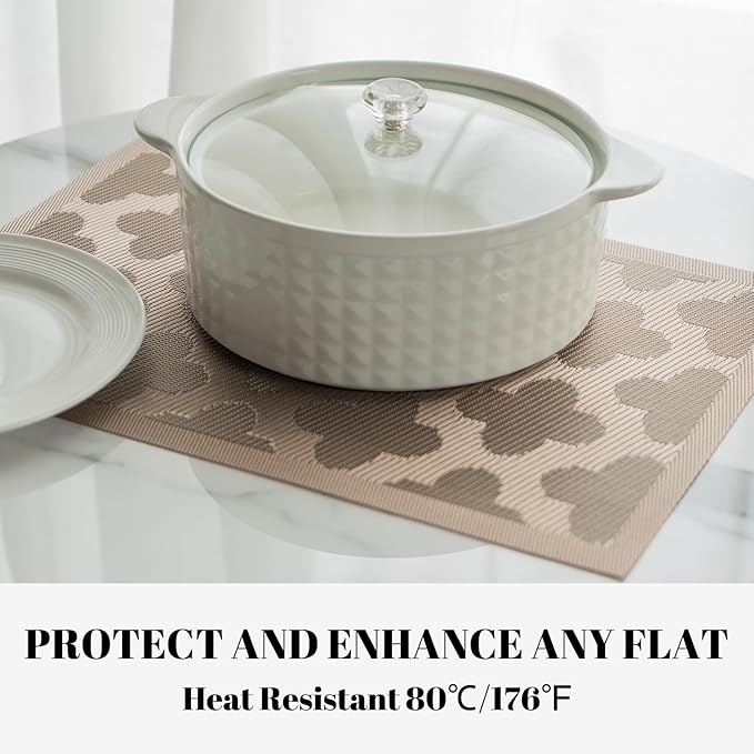 Placemats Set of 12 Vinyl/Plastic Woven Place Mats for Kitchen Table Indoor/Outdoor Washable Placemat Wipeable Dining Table Mats (Dark Brown Clover,12)