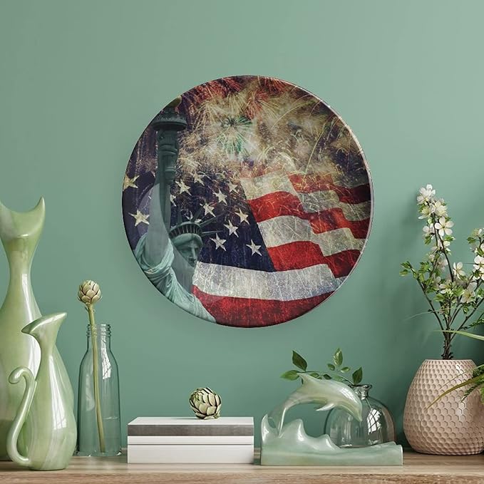 Ceramic Display Plate, American Flag Ceramic Hanging Decorative Plate, Fireworks 4th of July, 10 Inch, Living Room Kitchen Decoration Household, Multicolor