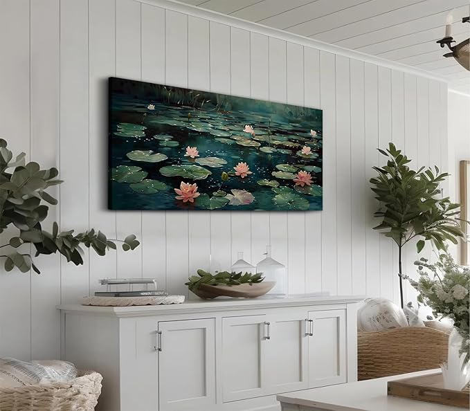 ADJUVANT Wall Art Impressionist Water Lily Pond 60" L x 30" W, Pink Lotus Flowers on Dark Blue Water Canvas Painting Nature Artwork Prints Wall Decor for Living Room Bedroom Bathroom Home Office