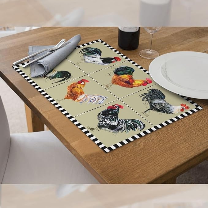 Farmhouse Rooster Placemats Set of 4 Washable Table Place Mats for Dining Kitchen Party Decor