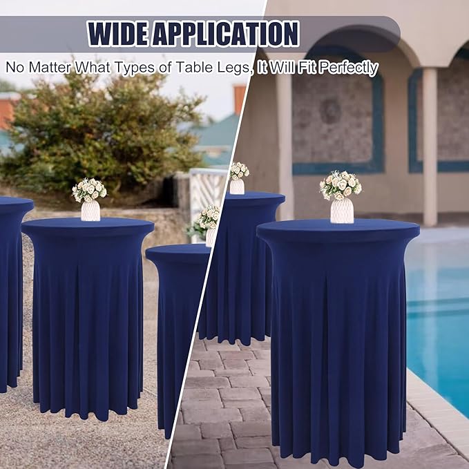 4 Packs 32 x 43 Inch Spandex Round Cocktail Table Skirts Stretch Cocktail Table Covers Fitted High Top Tables for Wedding Bar Party Banquet (Navy Blue)