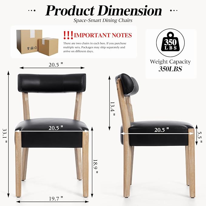Modern Dining Chairs Set of 2 – Mid-Century Modern Faux Leather Upholstered Kitchen & Dining Room Chairs with Curved Back, Oversized Rounded Seat, Sturdy Wood Frame, Black