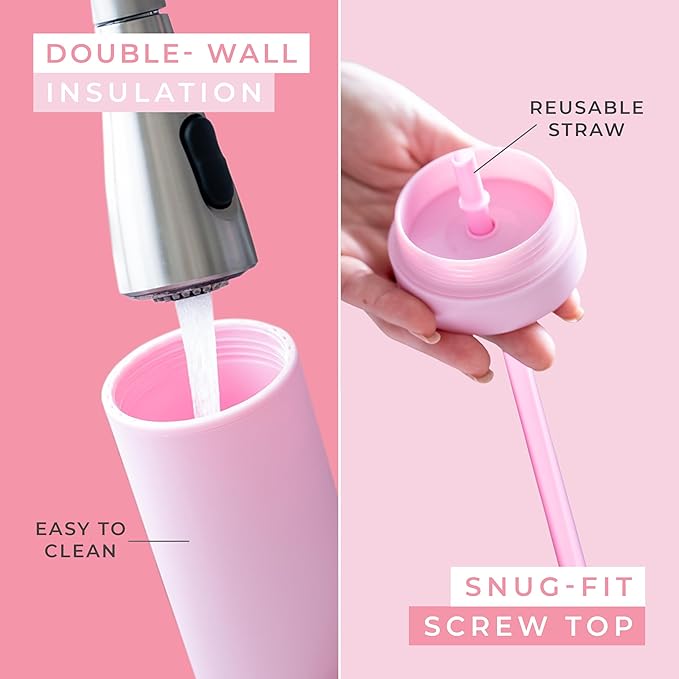 STRATA CUPS Pink Skinny Tumblers with Lids and Straws (4 pack) - 16oz Matte Pastel Colored Acrylic Tumblers with Lids and Straws, Double Wall Skinny Tumbler Bulk, Reusable Cup with Straw Cleaner