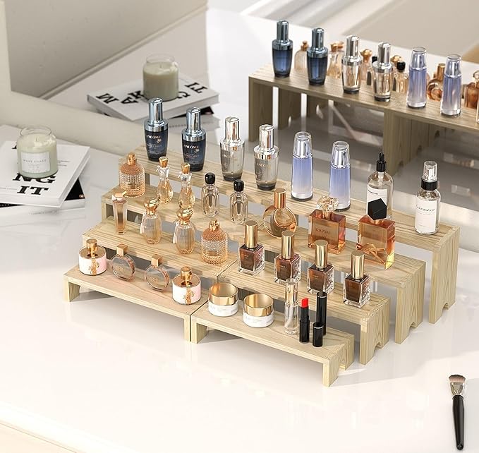 4 Set Large Wooden Tiered Riser Display Stands for Vendor Events,Stackable Perfume Organizer Cologne Stand for Men Women,Wooden Cupcake Dessert Stand,Wood Dessert Table Display Set,Food Display Risers for Party（12-11.2-10.4-9.6IN）