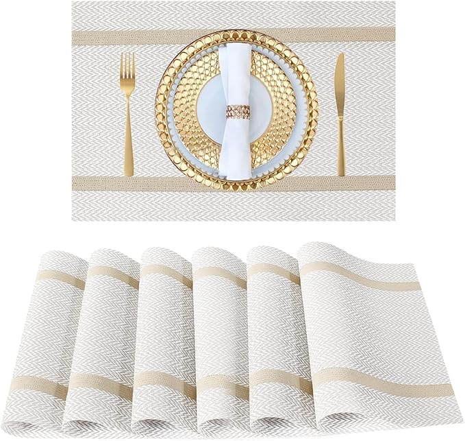 FAVE Placemats Set of 4 White Placemats Woven with Golden Thread Durable Vinyl Placemats Table Mats Set of 4 for Wedding, Banquet, Birthday, Party, Restaurant Decorations(White, 12"x18"-4PCS)