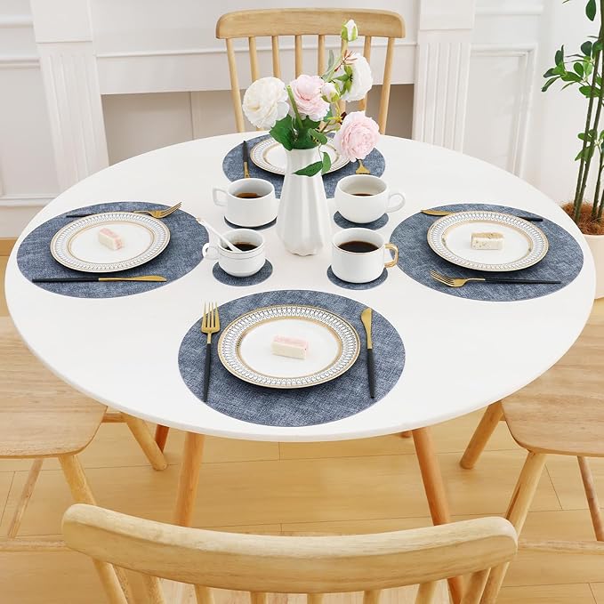 Homaxy Round Faux Leather Placemats and Coasters, Washable Dual-Side Table Mats, Wipeable Heat-Resistant Dining Place Mats for Outdoor and Indoor, Set of 6, Diameter 13 and 3.93 inch, Blue