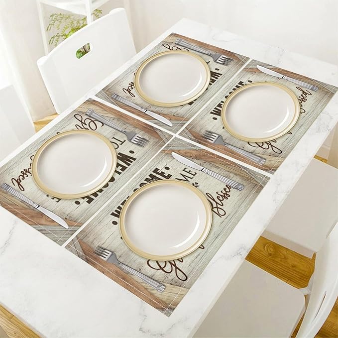 Vintage Farmhouse Placemat Set, Beige White Rustic Wooden Plank Patchwork Welcome Home Letter Inspirational Quotes Pattern Home Decor Linen Table Mats for Dining Room Kitchen Party (17x12in) x6P