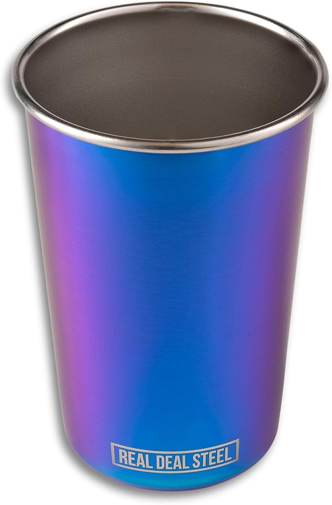 Real Deal Steel Rainbow Cups 16 oz Pint Cups, Stackable Tumblerrs, Eco Friendly Premium Metal Drinking Glasses (Iridescent)