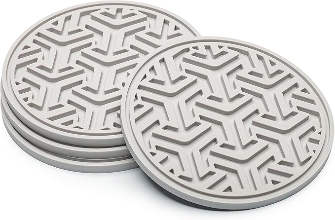 Drink Coasters for Tabletop Protection - Set of 4 No-Slip Silicone Rubber Coasters for Coffee Table, Desk & More - USA-Made Coasters for Drinks w/Liquid-Catching Grooves (Light Gray)