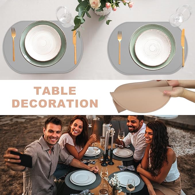 uxcell 4 Pcs Oval Silicone Placemat, 15.4" x 10.4" Non-Slip Washable Table Placemats Heat Resistant Waterproof Mat with High Edge for Table Kitchen Desk Protection, Brown Red