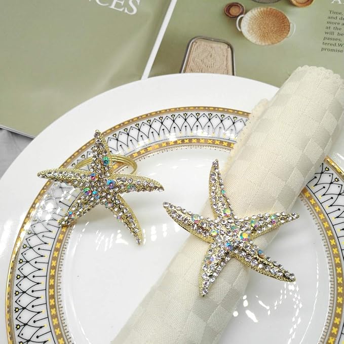 Crystal Starfish Napkin Rings Set of 12 - Rhinestone Coastal Nautical Napkin Ring Holders for Wedding Party, Beach/OceanTheme Dining Table Decoration Accessories (12)