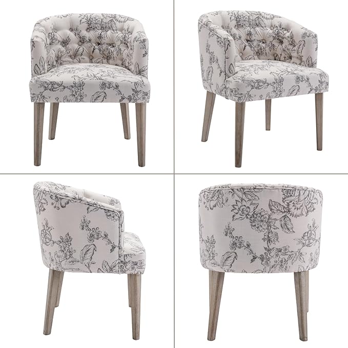 Mid-Century Dining Chairs Set of 4, Tufted Upholstered Linen Dining Room Chairs Comfy Side Chair Armchair Guest Chair with Wooden Legs for Dining Room Living Room, Floral Pattern