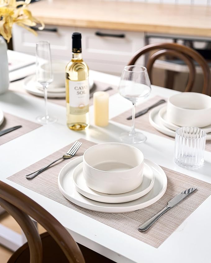 Famiware Porcelain Dinnerware Set, 24-Piece Modern Plate and Bowl Set, dish set for 8, Microwave and Dishwasher Safe Tableware, White