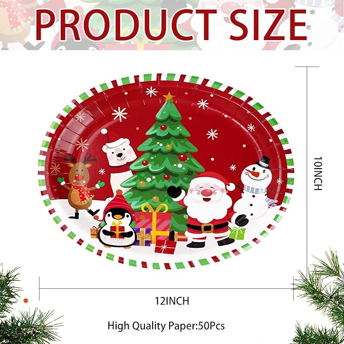 50Pcs Christmas Oval Paper Plates 10" x 12" Large Disposable 400 GSM Heavy Duty Cartoon Penguin Reindeer Snowman Dessert Plates Merry Christmas Birthday Decorations for Festive Xmas Party Supplies