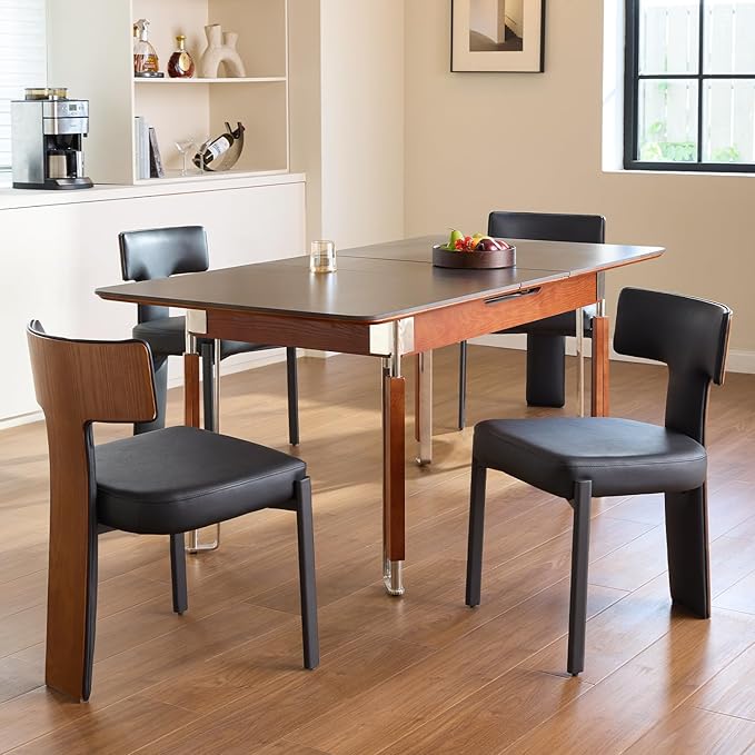 Black Dining Chairs Set of 4,Faux Leather Dining Chairs with Soft Cushion,Comfortable Upholstered Armless Dining Room Chairs with Curved Plywood Back