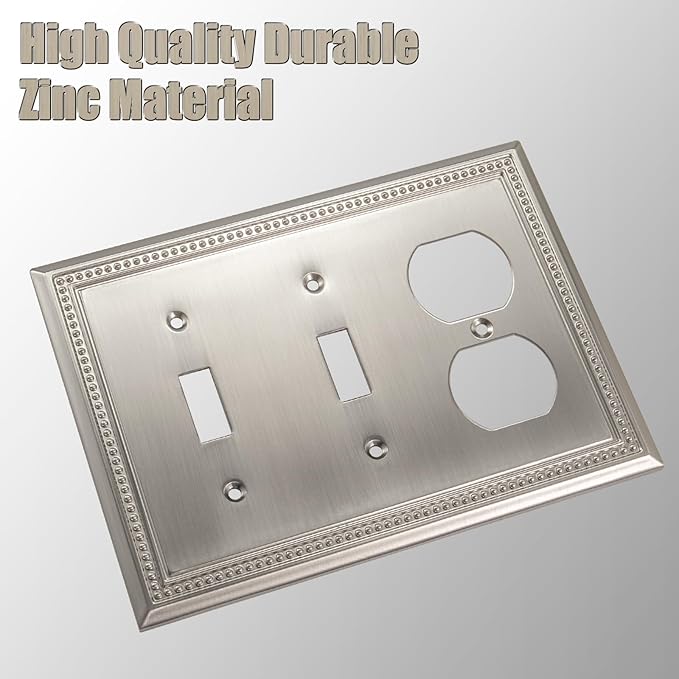 Henne Bery Sunken Pearls Heavy Duty Decorative Wall Plate Switch Plate Outlet Cover (Double Toggle/Single Duplex, Satin Nickel)