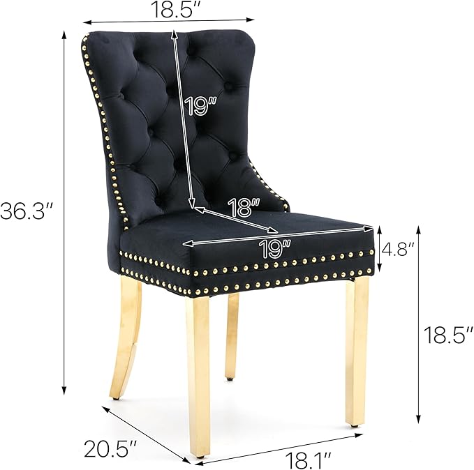 KCC Velvet Dining Chairs Set of 2, Upholstered High-end Tufted Dining Chair with Nailhead Back Ring Pull Trim Stainless Steel Legs, Contemporary Nikki Collection Modern Style for Kitchen, Black