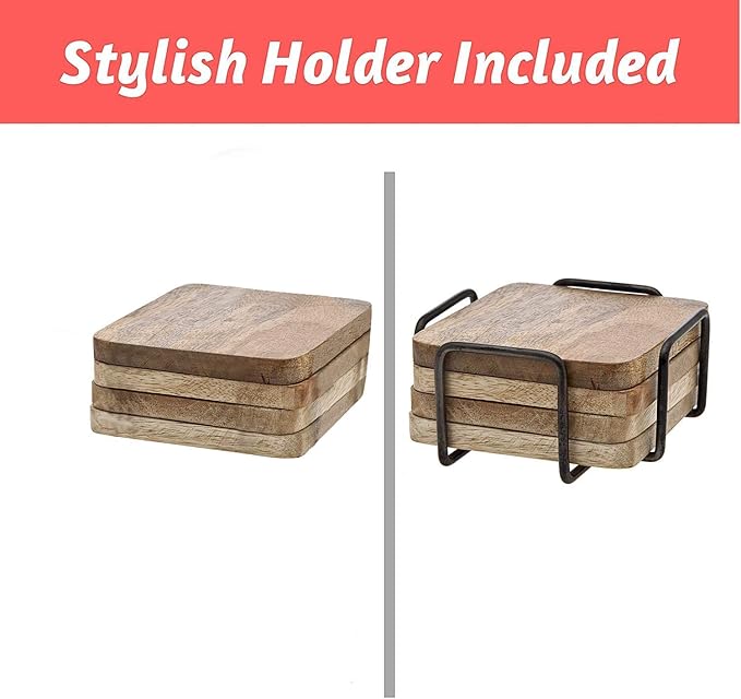 Godinger Coasters, Wooden Coasters with Holders, for Barware & Drinkware Rustic Design, Set of 4
