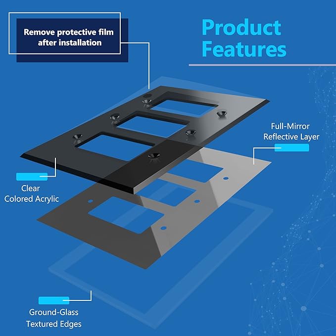 LIDER Reflective Acrylic Decorator Wall Plate, Mirrored Light Switch Plate, Plexiglass Outlet Cover, Acrylic Glass, Oversized 3-Gang 5.25" x 7.06", LWP-33O-ABK, Black