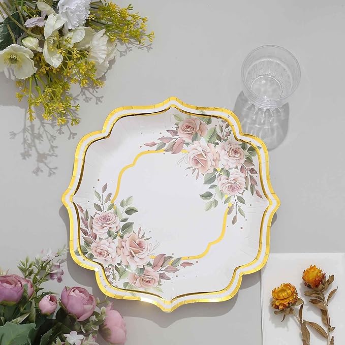 50 Pack 10" White/Gold Floral Print Scallop Rim Dinner Plates, Disposable Round Paper Party Plates 300 GSM for Festive Table Decoration