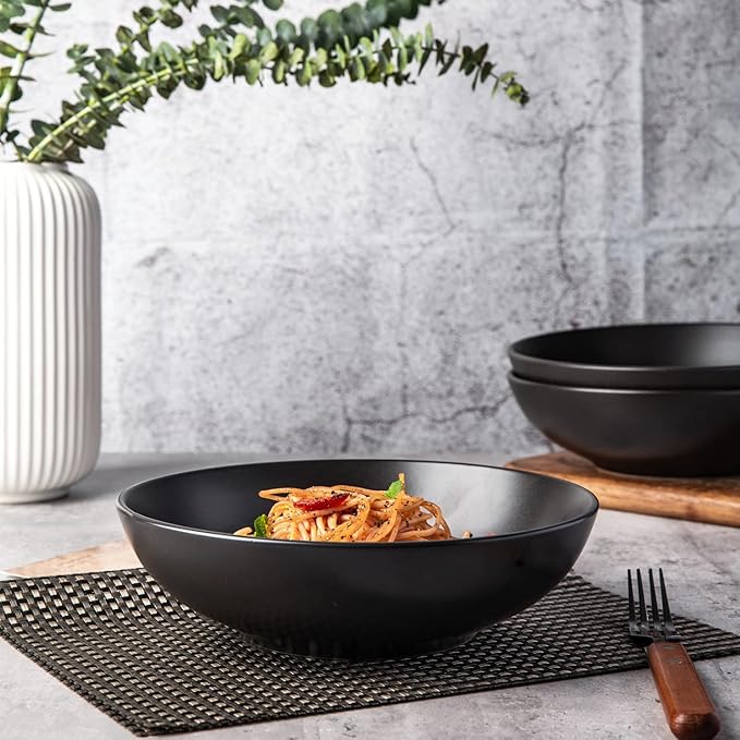 AmorArc 8.75‘’ Large Pasta Bowls, 42 ounce Deep Stoneware Bowls Set of 4 for Kitchen, Wide Bowl for Pasta/Salad/Fruit/Oatmeal/Soup, Microwave&Dishwasher Safe-Matte Black