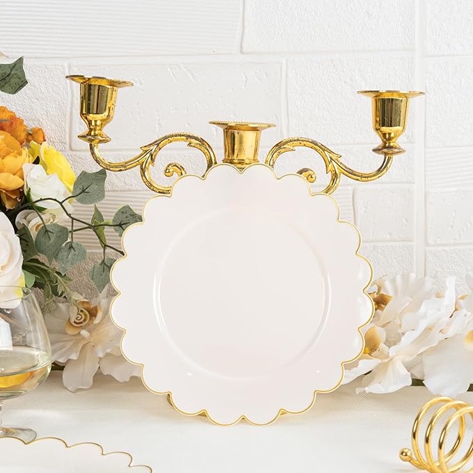 LIYH 100 Pcs Ivory Dessert Plates with Gold Rim- Ivory Plastic Plates 7.5" Disposable Scalloped Fancy Gold Plastic Plate,Baby Shower Cake Plate Party Suitable for Valentine's Day or Mother's Day