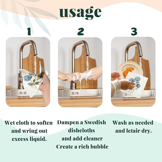 Spring Floral Swedish Dishcloths for Kitchen, Swedish Dish Cleaning Cloths for Flowers, Papaya Reusable Paper Towels, 4 Pack Dish Towels for Kitchen, Reusable Paper Dishcloths Washable