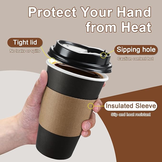 120 Pack 16 oz Paper Coffee Cups Set, Disposable Black Coffee Cups with Lids, Sleeves and Stirring Sticks, Fit For Cold and Hot Drinks