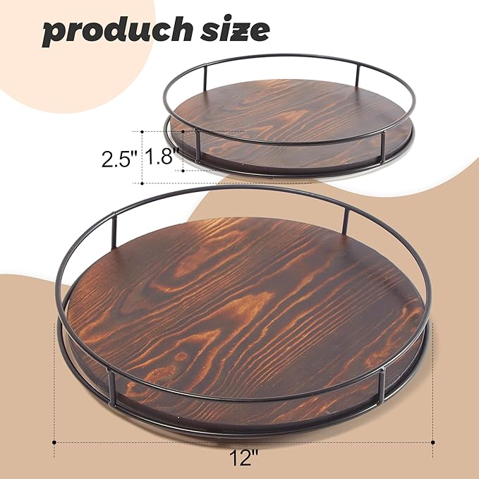 12 Inch Wood Lazy Susan Turntable for Table, Kitchen Rustic Brown Turntable Organizer with Steel Frame, 360 Degree Decorative Turntable for Countertop Cabinet or Centerpieces