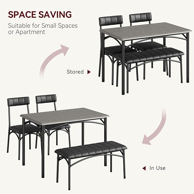 4-Piece Small Dining Table Set – Wood Table with 2 Upholstered Chairs & Bench, Space-Saving Retro Kitchen Dining Set for Small Apartment/Dining Room, Black