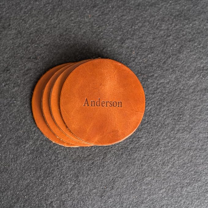 Ox & Pine Personalized Leather Coaster - Sold Individually or in Sets of 4 - Customize Inscription - 100% Full-Grain Leather – 4" Round or 4" Square (Round, Harvest, Set of 4 Coasters)