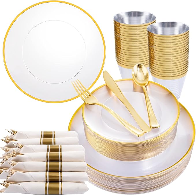 Rubtlamp 140Pcs Gold Plastic Plates, Clear Disposable Plates with Gold Trim, gold Dinnerware Include 20Dinner Plates,20Salad Plates, 20Cups,20Silverware With Pre Rolled Napkins