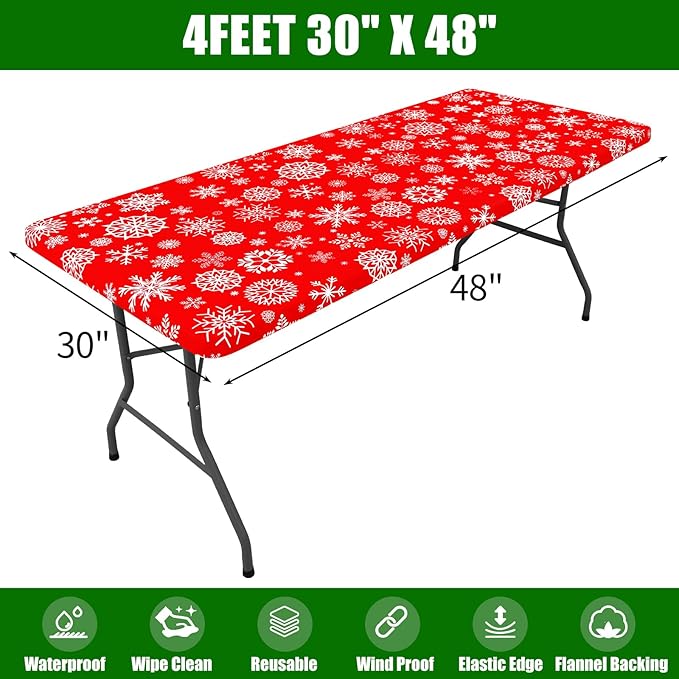 Smiry Plastic Christmas Tablecloth, Snowflake Waterproof Elastic Fitted Table Covers, Wipeable Flannel Backed Vinyl Tablecloths for Christmas Dinner, and New Year Celebration (Red, 30x48 Inches)