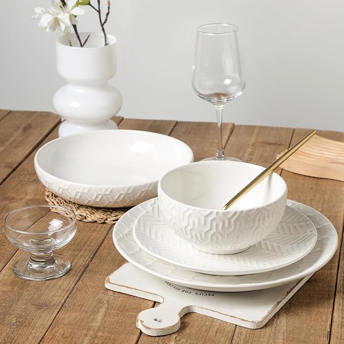 Sureasy 32 Pieces Dinnerware Sets for 8, Ceramic Plates and Bowls Sets, Embossed Scratch Resistant Dinner Set, Dishwasher & Microwave Safe, White