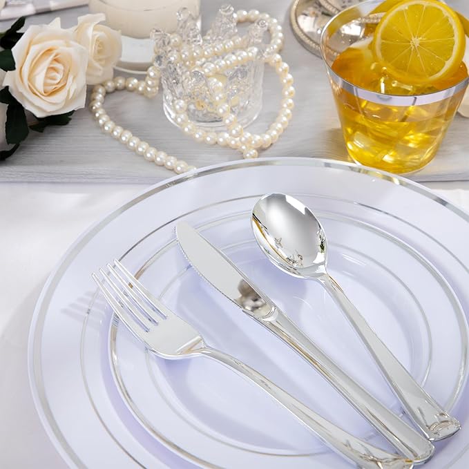 150 PCS Silver Disposable Dinnerware Set for 25 Guests, Silver Plastic Plates for Party, Including 25 Dinner Plates, 25 Salad Plates, 25 Cups, 25 Forks Knives Spoons for Wedding and Party Supplies