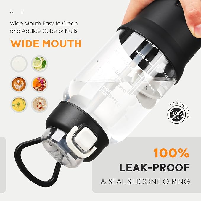 SIEROZUR 32 oz Glass Tumbler with Straw, Glass Water Bottles with 2 Lids-Handle Spout Lid & Straw Lid, 1 Liter Motivational Water Bottles, Silicone Sleeve, Fits Car Cup Holder,Black