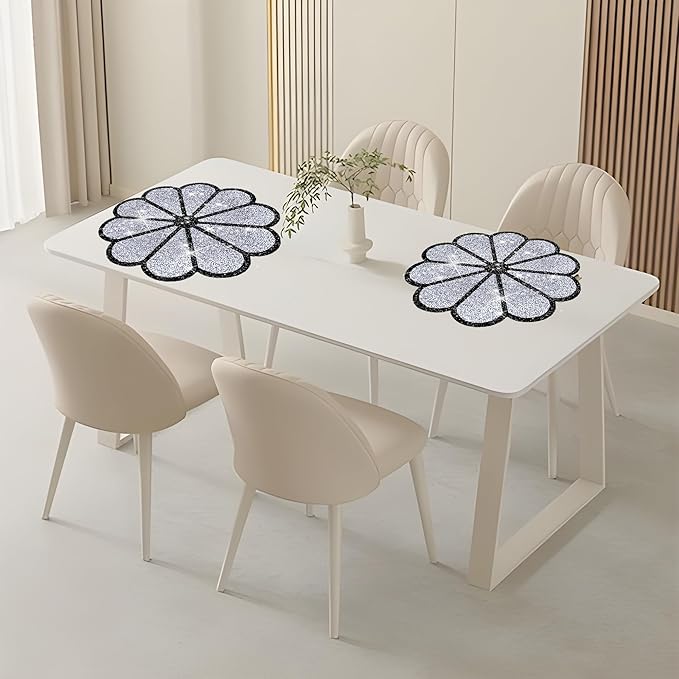 Washable Waterproof Diamond Circle Placemats for Round Tablescape Decor for Dinner and Kitchen Bling Placemats for Weddings & Special Events -2 PCS (Silver and Black)