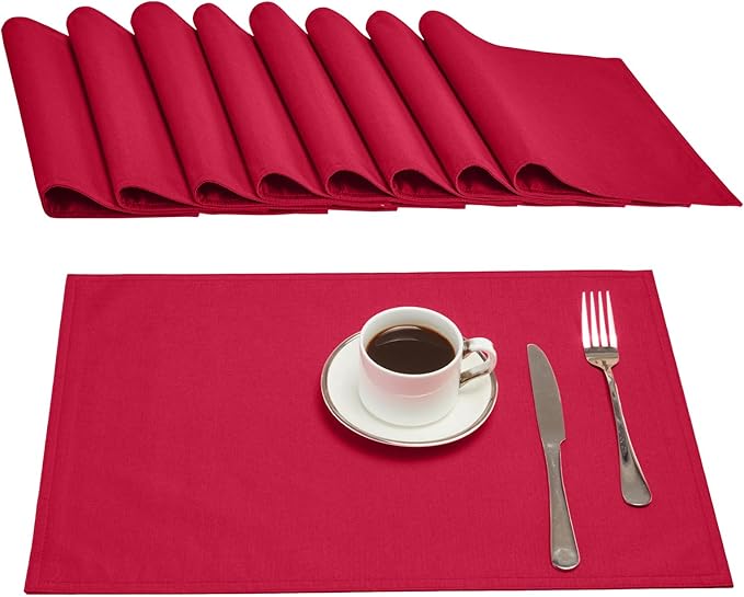 Cloth Place Mats Set of 8–Reusable Rectangular Waterproof Fabric Polyester Washable Wipeable Heat Resistant Linen for Kitchen Dining Dinner Restaurant Wedding Table(DarkRed/13x19 Inch)